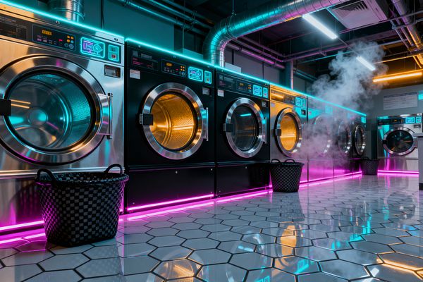 An industrial laundromat shows a long row of front-loading machines with black fronts and stainless steel circular doors, illuminated by cyan and magenta LED strips along the top and base. Glossy white hexagonal floor tiles reflect the neon while steam rises from one unit; exposed metal ductwork, pipes, and fluorescent ceiling lights structure the space, with black checkered laundry baskets placed along the aisle.