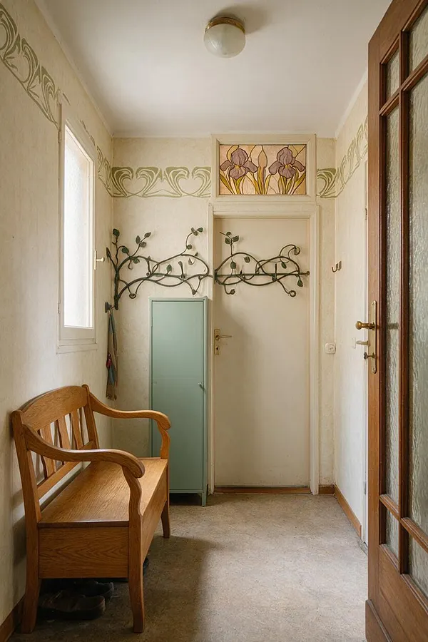 A narrow mudroom in Art Nouveau style with cream walls, decorative floral borders, and vine-like metal wall hooks. The space includes a wooden bench, a pale mint storage cabinet, a frosted glass door, and a stained-glass floral panel above the back door.