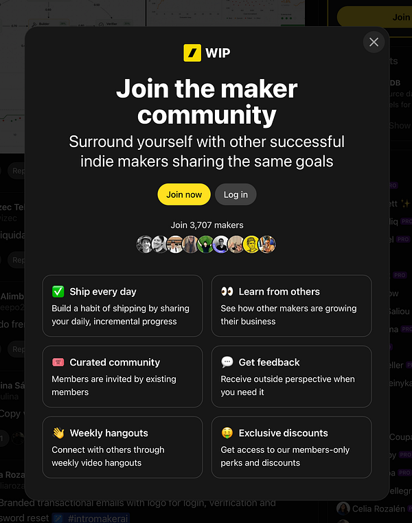 Dark mode signup modal window showing username, email, and password fields with white text on a dark background.