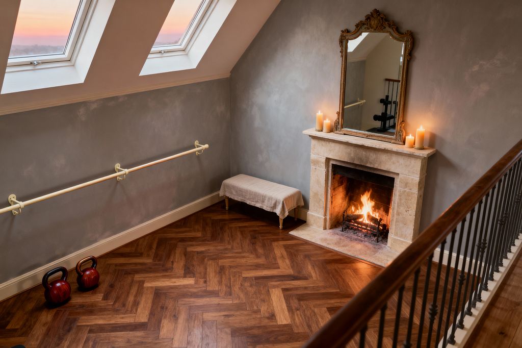 An intimate loft home gym features three skylights washing soft evening light over limewashed gray walls with a cream ballet barre. A limestone fireplace burns beneath an ornate gilt mirror and pillar candles. The floor is herringbone hardwood, with two kettlebells near the wall, a small linen-covered bench by the hearth, and a wrought-iron stair railing on the right, creating a calm, inviting space for stretching and light training.