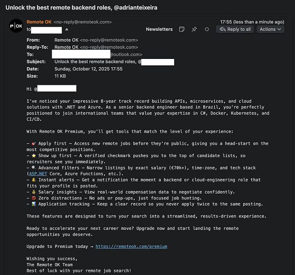 An email promoting Remote OK Premium services for job seekers in the tech industry.