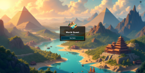 A vibrant game interface featuring a scenic landscape with pyramids and a river.
