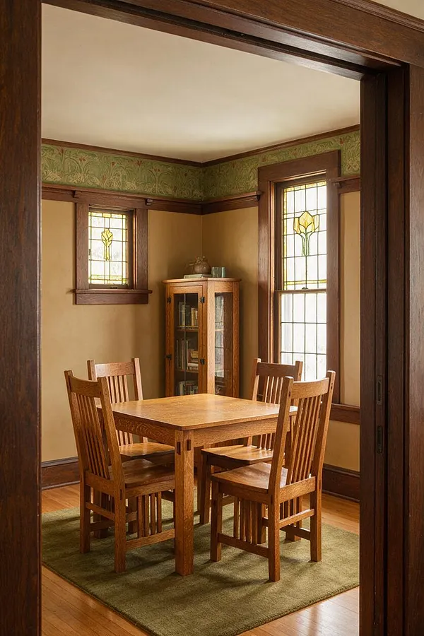 A compact Craftsman-style dining room with a square wooden table and four matching slatted chairs on a muted green rug. The room features warm wood trim, tan walls, a decorative floral wallpaper border near the ceiling, and two leaded glass windows with yellow floral details, plus a small glass-front cabinet in the corner.