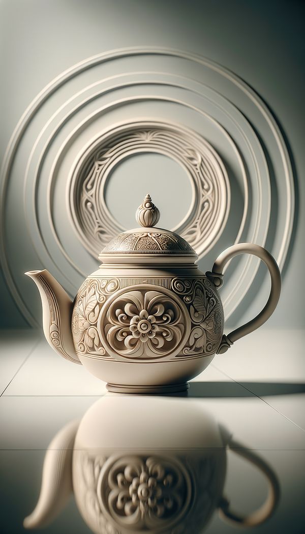 A delicately crafted ceramic teapot with an ornate thumbpiece, set against a modern minimalist background.