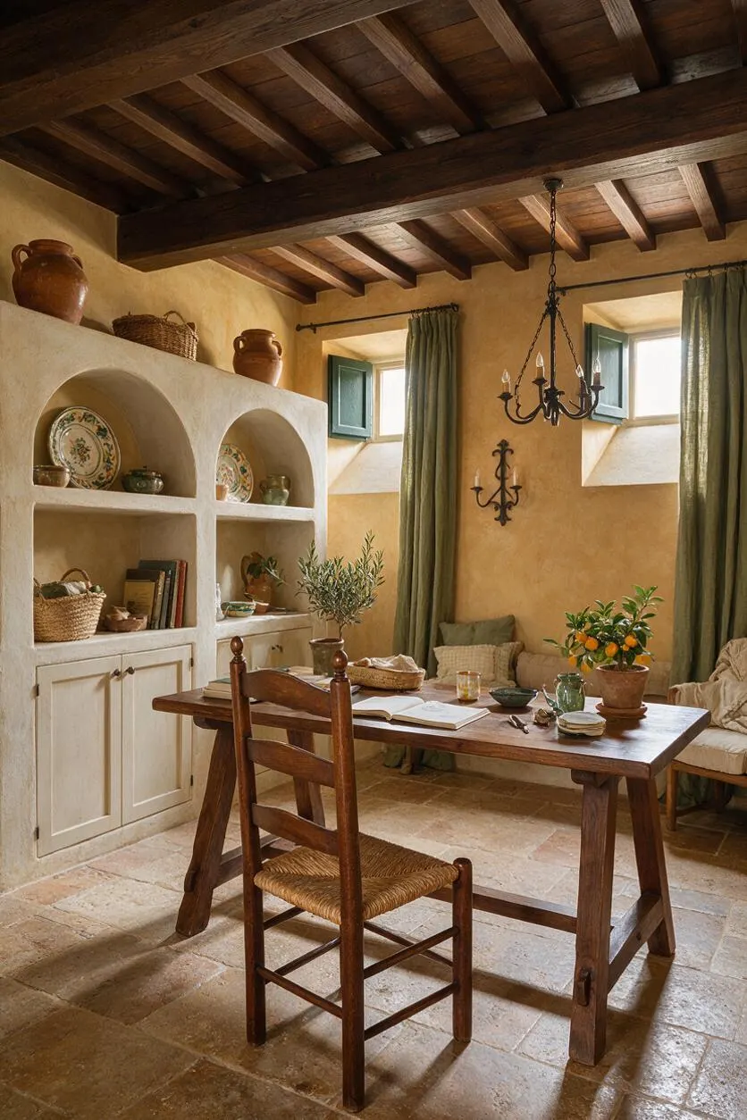 A warm Mediterranean-style basement room with a dark wood beam ceiling, textured ochre walls, and a stone tile floor. The space includes a wooden dining table, woven chair, built-in arched shelving with pottery and books, green shutters, olive-toned curtains, and wrought-iron lighting.