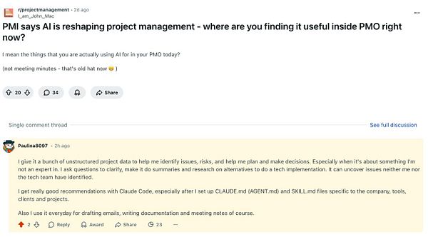 Screenshot of a Reddit thread discussing the use of AI for project management with multiple comments.