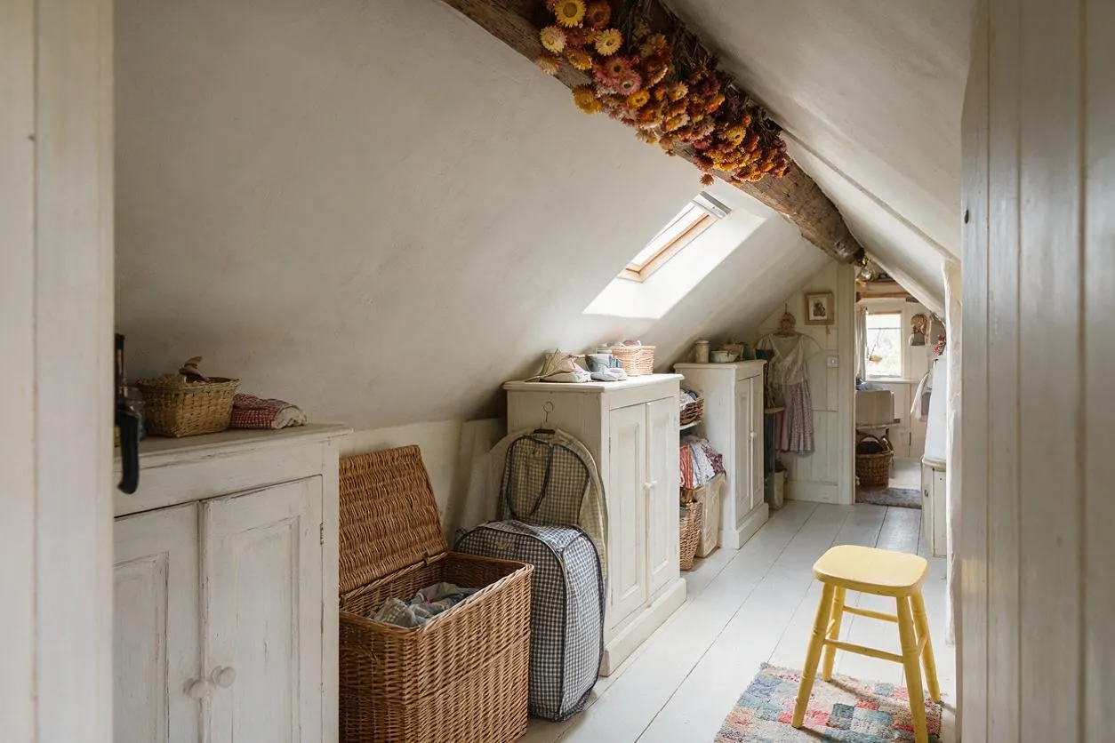 A narrow attic closet with sloped white ceilings, exposed wood beam, and soft daylight from a skylight. White painted cabinets line the walls, paired with wicker baskets, a folded textile bin, hanging dresses, a yellow stool, and dried floral garlands overhead, creating a cozy cottagecore look.