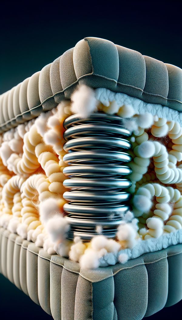 A close-up image of a spring down cushion's cross-section, showcasing the layers of coiled springs, foam, and feather-down mix.