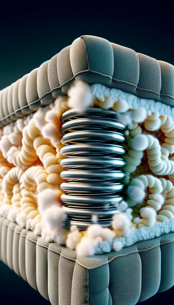 A close-up image of a spring down cushion's cross-section, showcasing the layers of coiled springs, foam, and feather-down mix.