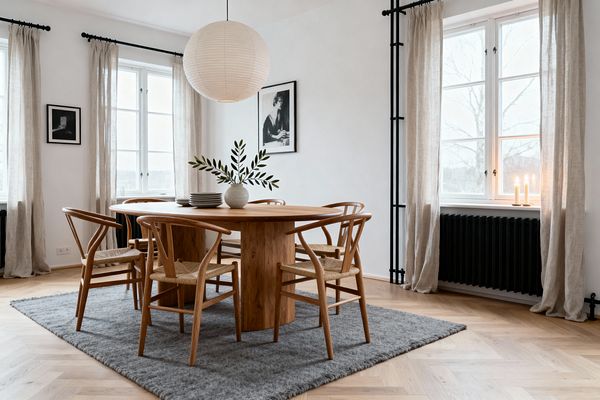 A bright Scandinavian dining room features an oval oak pedestal table with four wishbone-style chairs and paper-cord seats on a plush gray rug. Warm white walls, tall windows with beige linen curtains on black metal rods, and a black radiator frame the space; overhead hangs a white paper lantern. On the table sits a ceramic vase with greenery beside stacked plates, while monochrome artwork and candles on the windowsill add quiet accents.