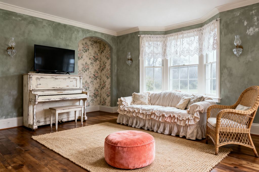 A Shabby Chic media room with sage green limewash walls and white crown molding. A distressed ivory upright piano serves as a TV stand beside an arched alcove lined with vintage floral wallpaper. In a bay window, lace valances filter daylight onto a ruffled cream sofa with mixed pillows. A woven jute rug anchors a coral velvet round ottoman and a rattan armchair on warm wood floors, with brass-and-glass hurricane sconces mounted on the walls.