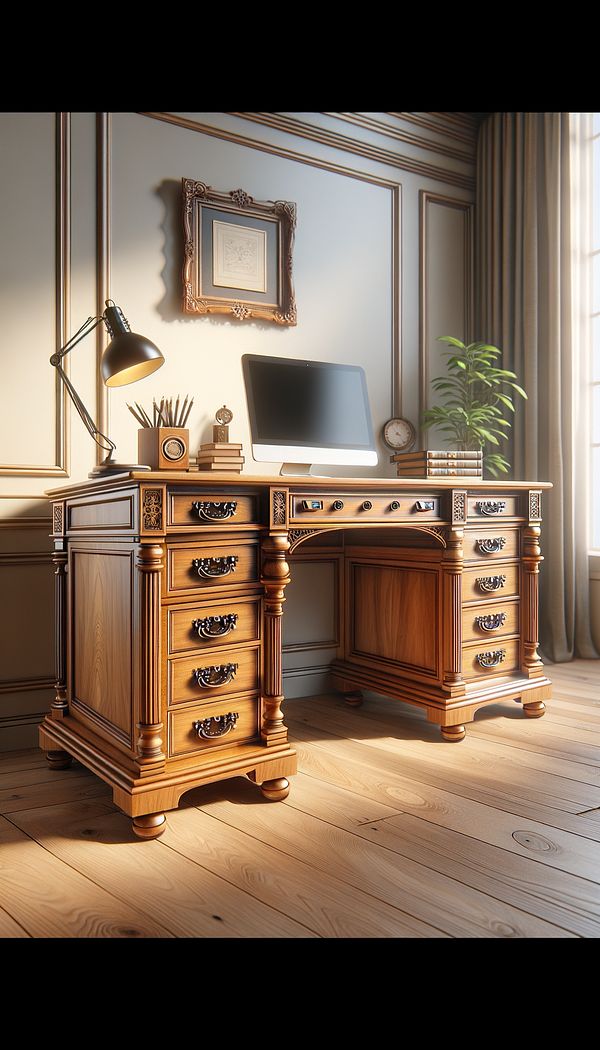 An elegant wood kneehole desk with a central recess for leg space, flanked by drawers on either side, set in a well-lit home office with a classic design.