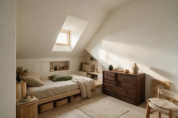 A serene attic bedroom with a low wooden platform bed, neutral bedding, and built-in storage beneath. A dark wood dresser, woven baskets, and a simple wood-and-fabric chair complete the calm Japandi-inspired space under a skylight.