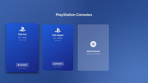 The image displays a user interface for managing PlayStation consoles on an Apple TV.