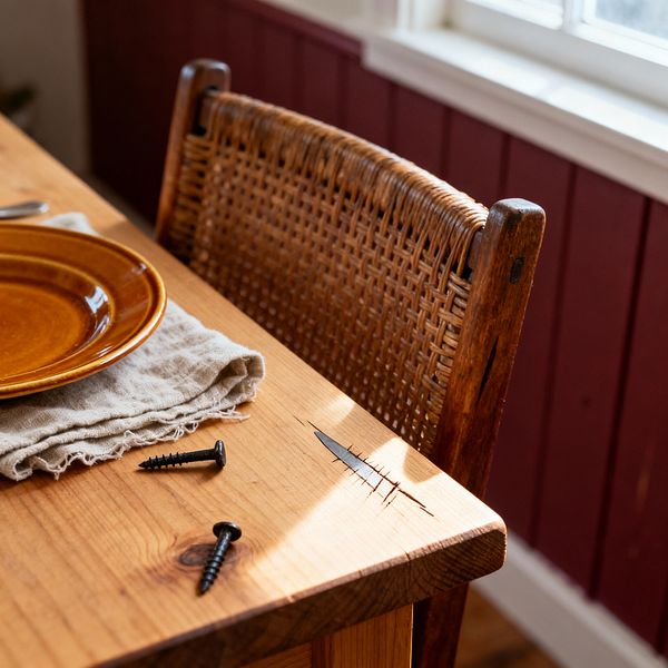 Close-up of a rustic dining nook with a knotty pine table showing natural cracks and knots, a woven rattan-backed wooden chair, and warm daylight streaming from a nearby window over burgundy wainscoting. An amber earthenware plate rests on a natural linen napkin, with two black screws on the tabletop emphasizing the workshop, lived-in character.