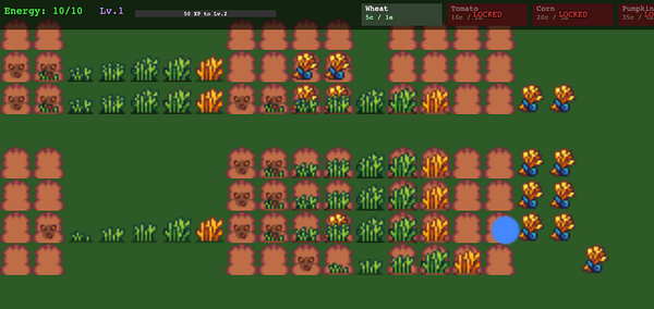 A pixelated screenshot of an early farming simulation game depicting a small farm area with crops, a pond, trees, and player character icons in a low-resolution, retro art style.