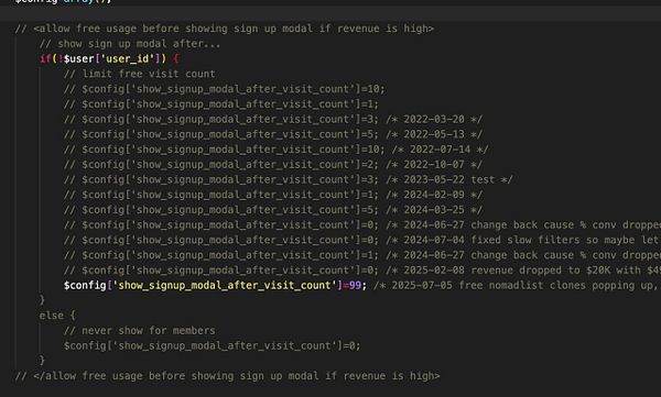 The image displays a code snippet related to user visit limits and sign-up modal configurations.