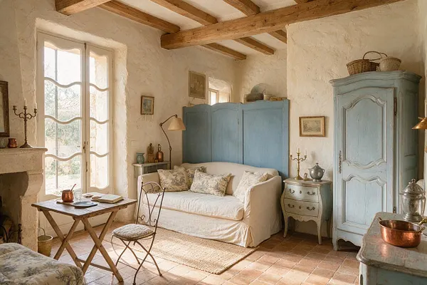 A cozy studio apartment styled in French Country design, with exposed wooden ceiling beams, textured cream plaster walls, and a pale blue armoire and screen behind a cream sofa. A tall window brings in soft daylight, while rustic wood tables, a wicker basket, terracotta floor tiles, and vintage-style accents create a warm, romantic atmosphere.