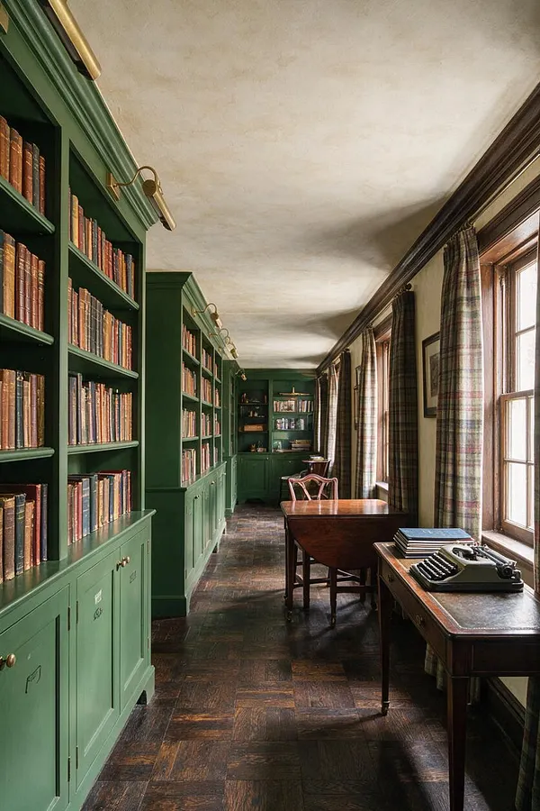 A narrow dark academia game room with floor-to-ceiling green built-in bookshelves filled with old books along the left wall. On the right, tall wood-framed windows with plaid curtains bring in soft daylight over dark wood tables, a typewriter, and parquet flooring.