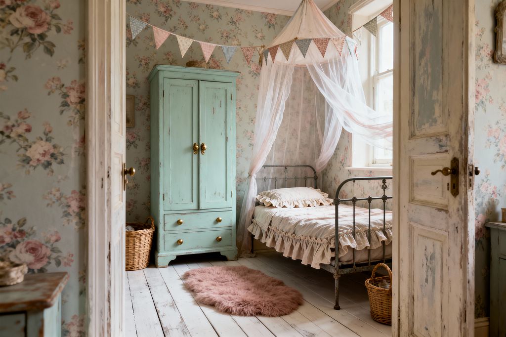 Children’s bedroom styled in shabby chic decor with powder-blue floral wallpaper, a distressed mint-green armoire with brass knobs, and an antique dark iron bed trimmed with cream ruffled bedding. A sheer white canopy and pastel bunting hang above, with whitewashed plank flooring, a dusty-rose faux-fur rug, wicker baskets, and a tall window bringing soft natural light.