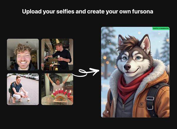 The image features a collage of selfies and an AI-generated furry character, showcasing a creative transformation process.