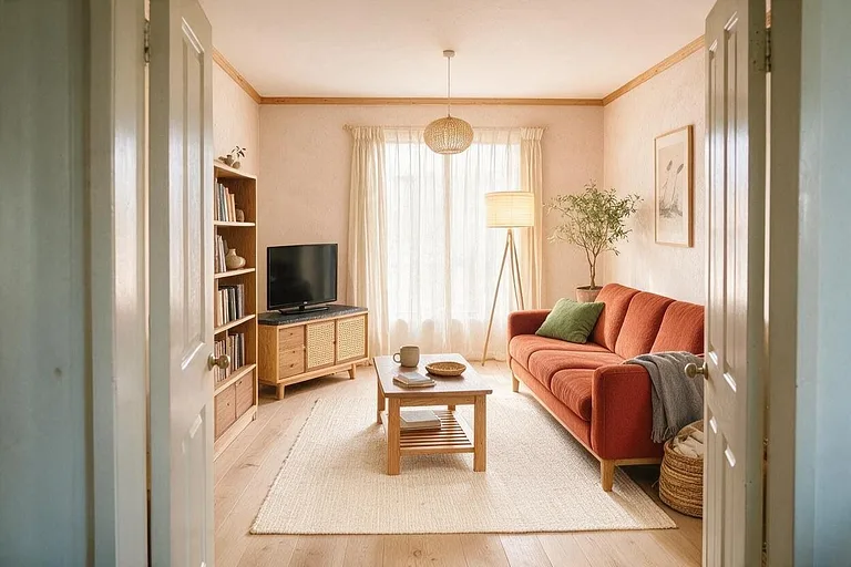 A Japandi living room in the Sunbaked palette: warm plaster, rust, light oak, cream, and olive