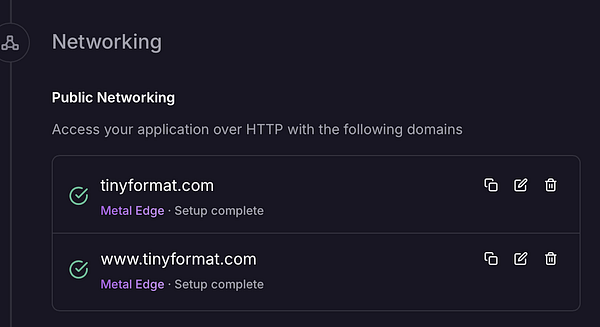 The image displays a networking interface showing SSL certificate status for two domains.