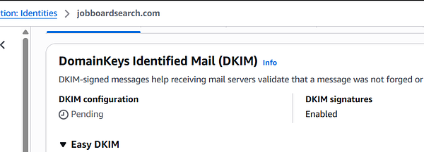 Screenshot of Amazon SES DKIM configuration settings on AWS Management Console.