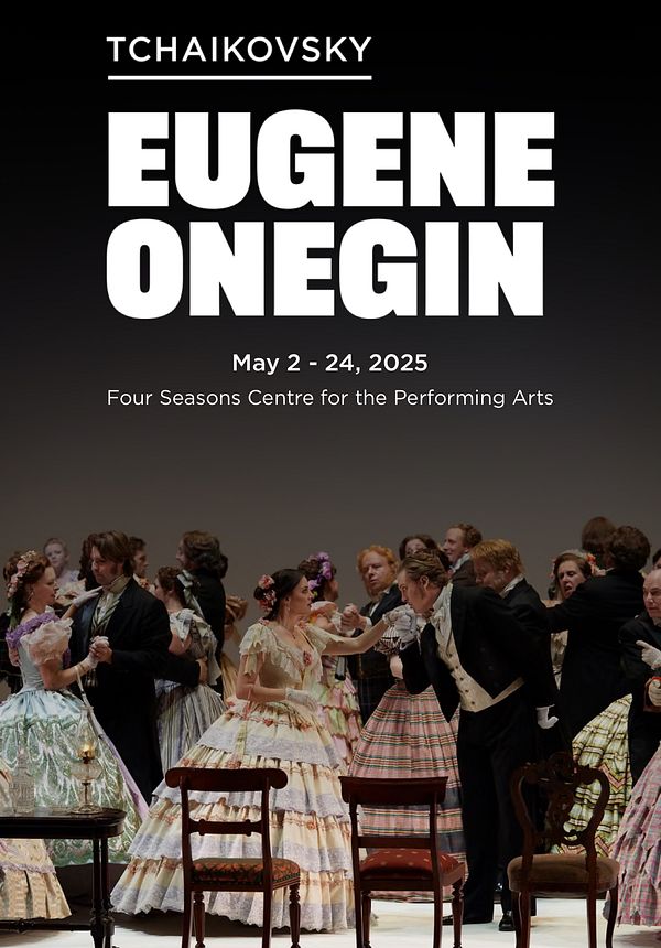 A scene from the opera 'Eugene Onegin' featuring elegantly dressed performers in a lively dance.