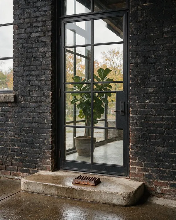 An industrial exterior entry framed by dark painted brick walls and a black steel-framed glass door. A concrete step and rusty floor drain sit at the base, while a potted fiddle-leaf fig is visible inside through the divided panes.