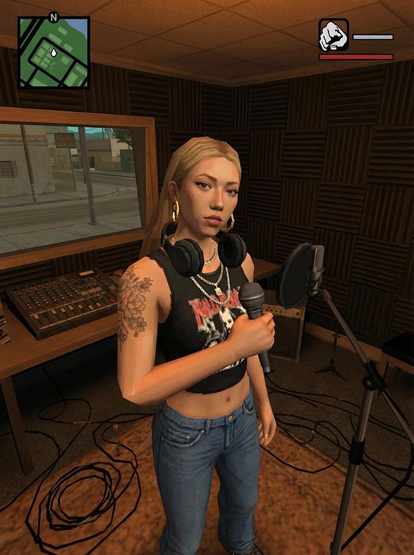 A character in a recording studio holding a microphone, styled in a GTA video game aesthetic.