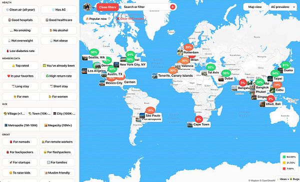 A world map displaying the percentage of buildings with air conditioning by country, highlighted with various colored markers.