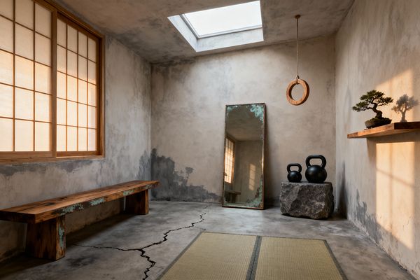A minimalist home gym with textured limewash walls and a cracked concrete floor is lit by a large shoji window and a ceiling skylight. A weathered full-length mirror leans against the wall beside a rough stone block holding two black kettlebells; a single wooden gym ring hangs from a rope, a reclaimed wood bench runs along the left wall, tatami mats sit on the floor, and a small bonsai rests on a floating wooden shelf.