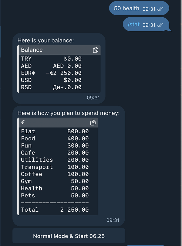 The image displays a financial summary including balance and planned expenses in a chat interface.