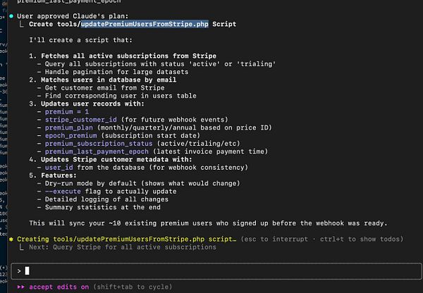 The image displays a code editor interface showing a script for updating premium users from Stripe subscriptions.