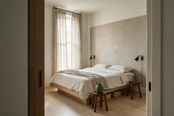 A calm master bedroom with a low wooden platform bed dressed in soft white bedding and a textured beige throw. Sheer curtains filter daylight from a tall window, while matte black wall lamps and small wooden stools add minimalist Japandi character.