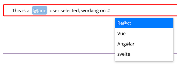 The image displays a text input interface for a collaborative tool, featuring user mentions and tag suggestions.