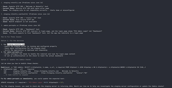 The image displays a technical document detailing issues with Zabbix alerts and proposed solutions.
