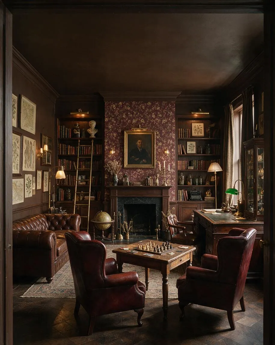 A dark, scholarly game room with deep brown walls, built-in bookshelves, and a fireplace centered on floral wallpaper. The room includes leather armchairs, a tufted sofa, a chess table, a wooden desk, framed botanical prints, and warm lamp lighting.