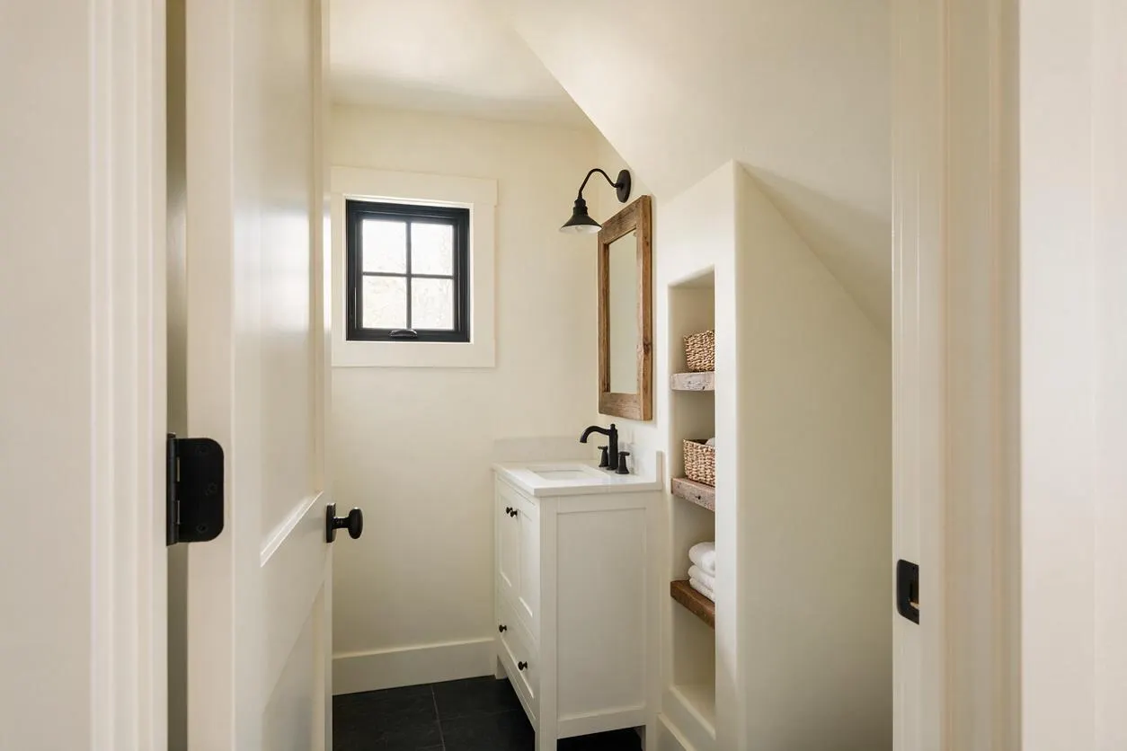 A narrow farmhouse powder room with creamy white walls, a small black-framed window, and a white vanity topped with a light countertop. The room features a rustic wood-framed mirror, black wall sconces and faucet, open built-in shelves with woven baskets and folded towels, and dark floor tiles for contrast.