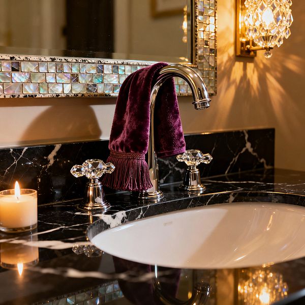 Close-up of a vintage glam bathroom vanity featuring a glossy black marble countertop with white veining and an oval undermount sink. A polished chrome widespread faucet with faceted crystal handles is draped with a deep plum velvet tassel hand towel beneath a mirror framed in iridescent mother-of-pearl mosaic, while a crystal wall sconce and a small lit candle cast warm, sparkling light across soft beige walls and the marble backsplash.