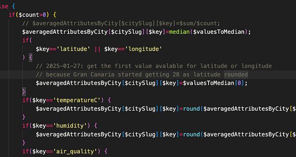 A code snippet addressing a bug related to latitude and longitude values in a database.