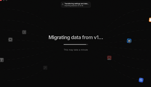 Screen showing progress of migrating data from Raycast version 1 to version 2 with a progress bar and message.