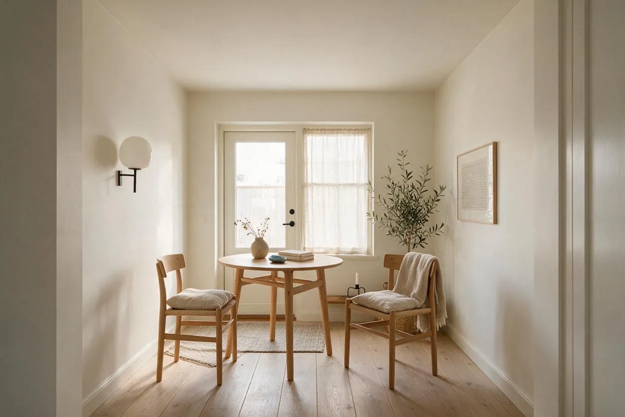 A narrow Scandinavian-style front porch with pale wood flooring, white walls, and a small round wooden table centered near a glass-paned door. Two simple wooden chairs with cushioned seats flank the table, while soft curtains, a wall sconce, framed art, and a leafy potted branch add warmth and calm.
