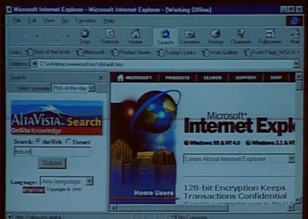 Screenshot of Microsoft Internet Explorer 4.0 from 1997 displaying a search page with a toolbar and a Windows 95 style interface.