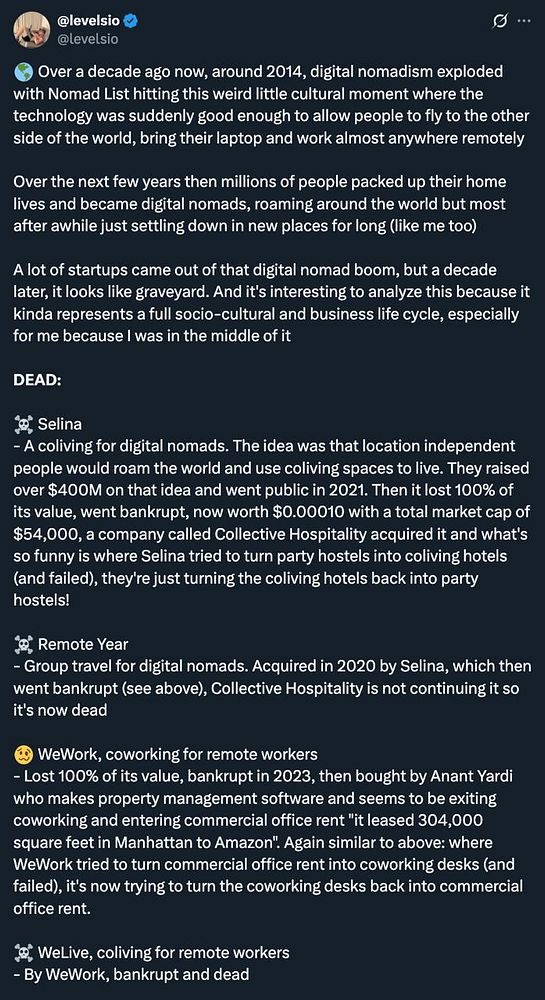 The image features a tweet discussing the decline of digital nomad startups that emerged around 2014.