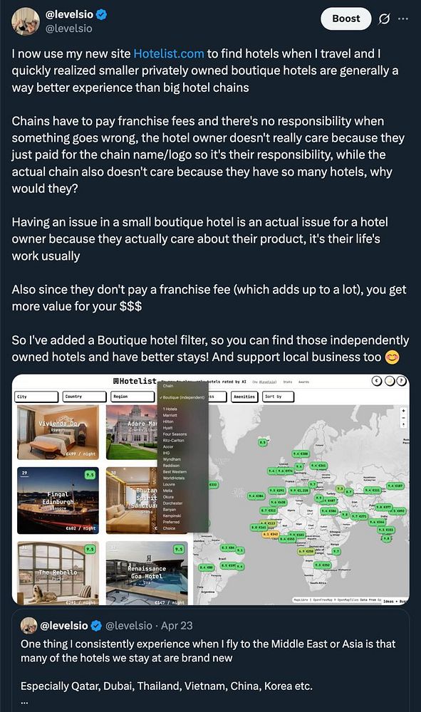 Screenshot of a boutique hotel filter interface on a hotel booking website.