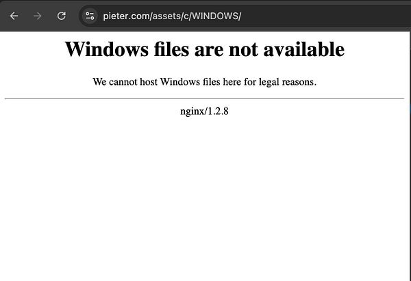 The image displays a webpage indicating that Windows files are not available for legal reasons.
