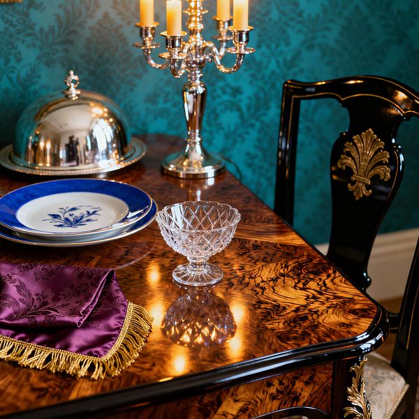 A Victorian-style dining vignette shows a glossy burl wood table reflecting candlelight from a polished silver candelabra. A domed silver cloche, a white porcelain plate with a cobalt blue rim and floral motif, a cut-crystal dessert bowl, and a purple damask napkin with gold fringe rest on the tabletop. A black lacquered chair with a gilded emblem sits beside the table, set against teal damask wallpaper and a white baseboard, creating an opulent, formal atmosphere.