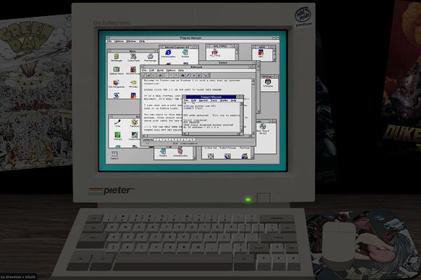 A retro computer setup displaying a vintage operating system interface with various open windows and applications.